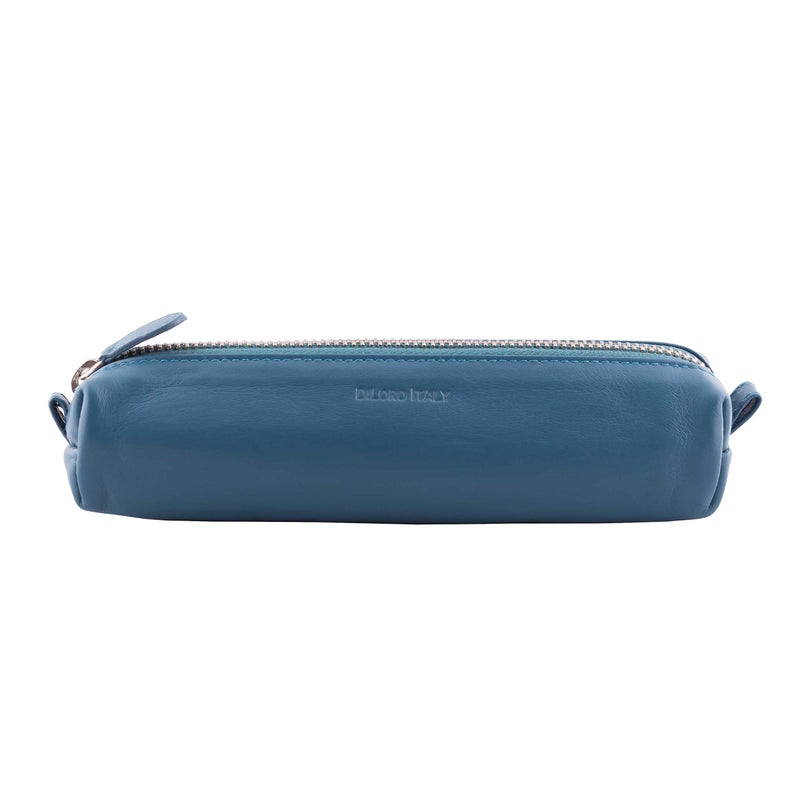 DiLoro Leather Zippered Fountain Ballpoint Rollerball Pens and Pencils Case Holder Pouch Genuine Full Grain Soft Nappa Leather (Sololio Blue) - Image 1